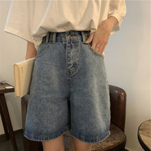 Load image into Gallery viewer, Streetwear Summer Women Denim Shorts Knee Length High Waist Wide Leg Shorts Jeans Blue White Short Femme Loose Half Long
