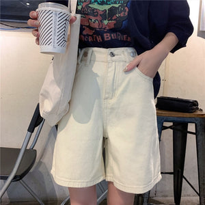 Streetwear Summer Women Denim Shorts Knee Length High Waist Wide Leg Shorts Jeans Blue White Short Femme Loose Half Long
