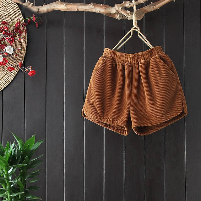 Loose Elastic High Waist Shorts Women Casual Autumn Winter Corduroy Shorts Pocket Short Mujer Trousers Women Black Shorts C5170