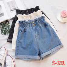 Load image into Gallery viewer, Plus Size Summer Black Women&#39;s Denim Shorts Large Size 5Xl Harem Ruffle White High Waisted Shorts Elastic Waist Jeans for Women

